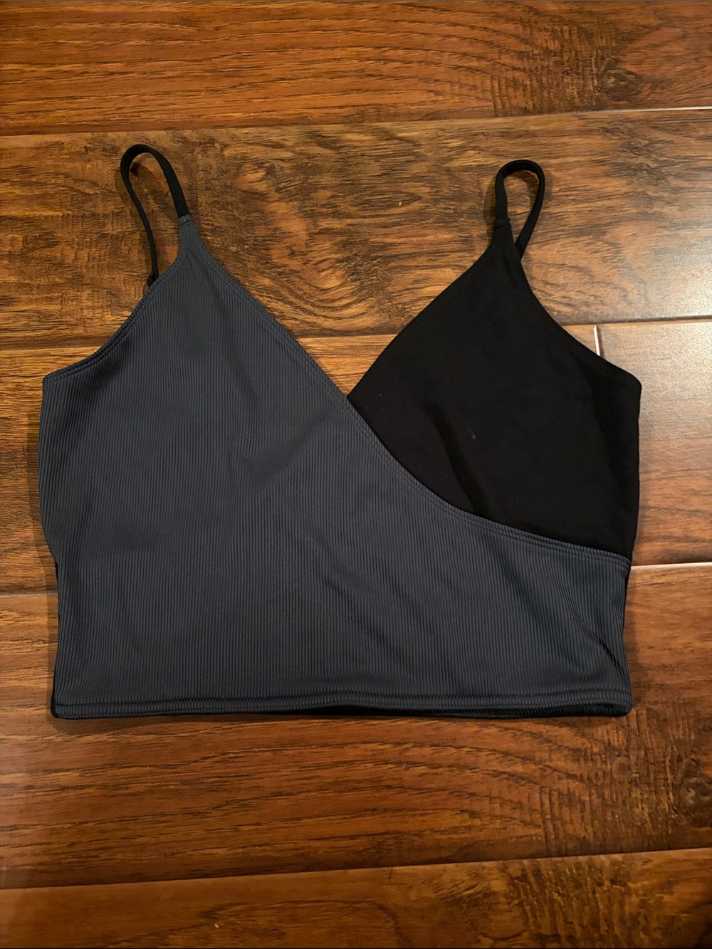 Victoria Sport Asymmetric Two-Tone Ribbed Bralette - Charcoal & Black